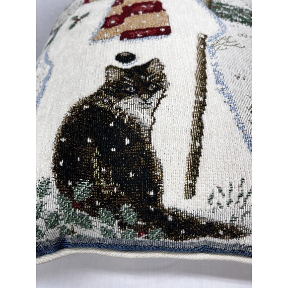 Anne Mortimer Winter Cat &  Snowman Tapestry Pillow 16 X 12 - Picture 3 of 8